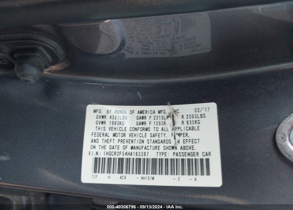 2017 HONDA ACCORD SPORT VIN: 1HGCR2F54HA160097