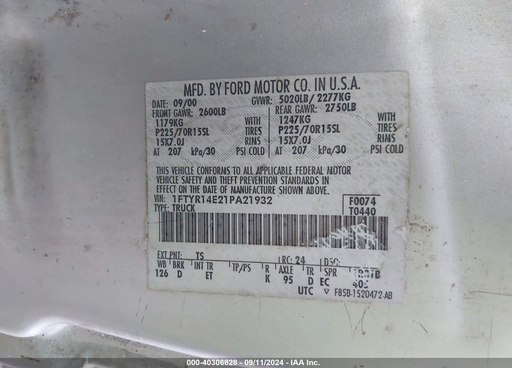 2001 FORD RANGER EDGE/XLT VIN: 1FTYR14E21PA21932