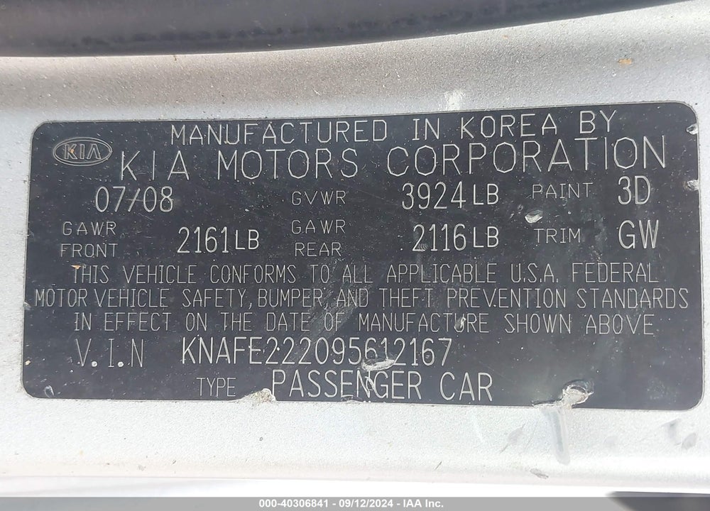 2009 KIA SPECTRA EX VIN: KNAFE222095612167