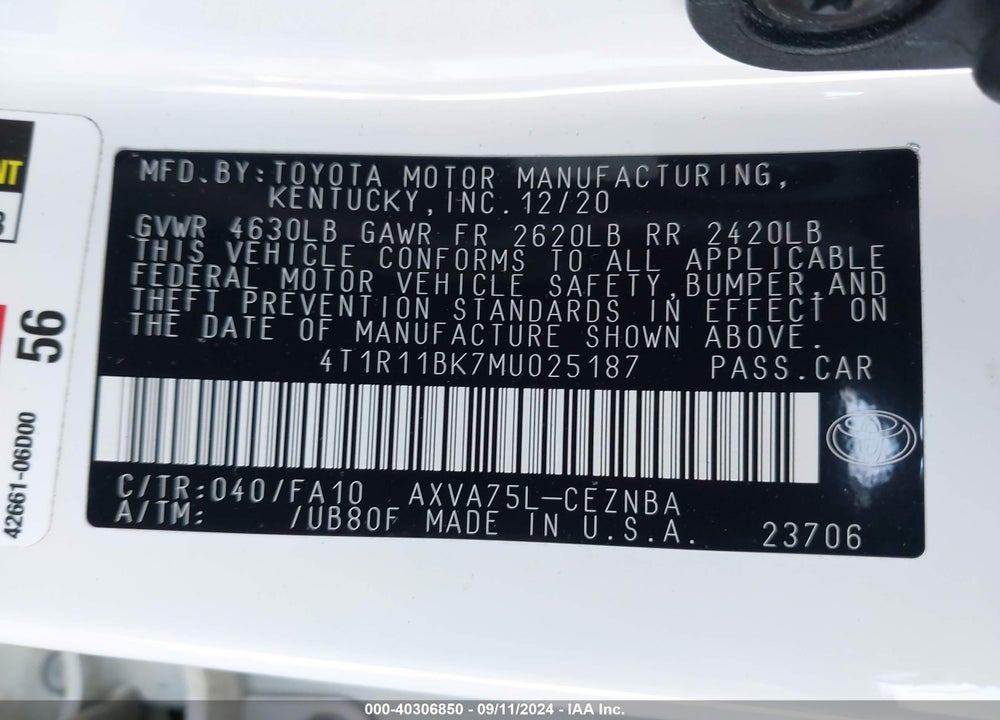 2021 TOYOTA CAMRY LE AWD VIN: 4T1R11BK7MU025187