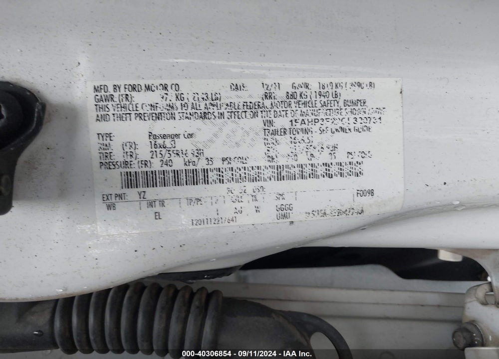 2012 FORD FOCUS SE VIN: 1FAHP3F22CL320731