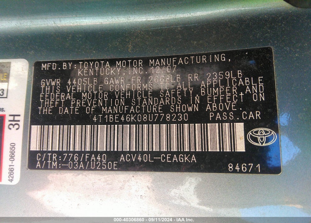 2008 TOYOTA CAMRY XLE VIN: 4T1BE46K08U778230