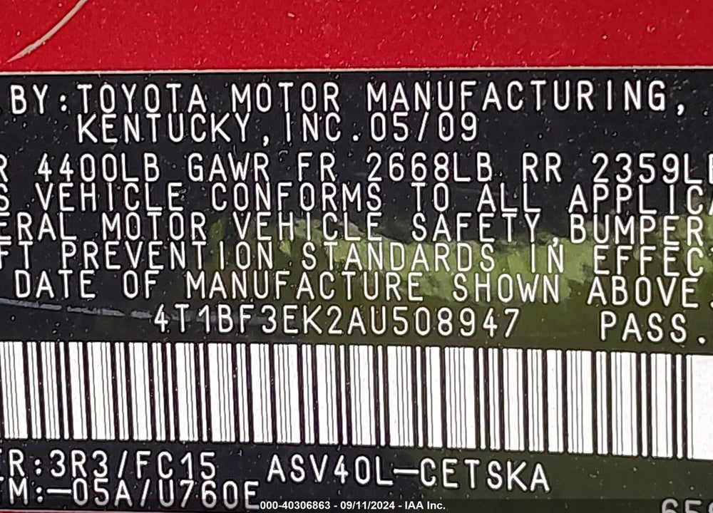 2010 TOYOTA CAMRY SE VIN: 4T1BF3EK2AU508947