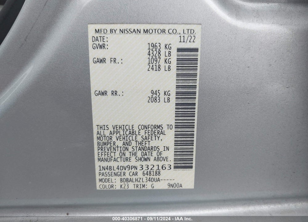 2023 NISSAN ALTIMA SV FWD VIN: 1N4BL4DV9PN332163