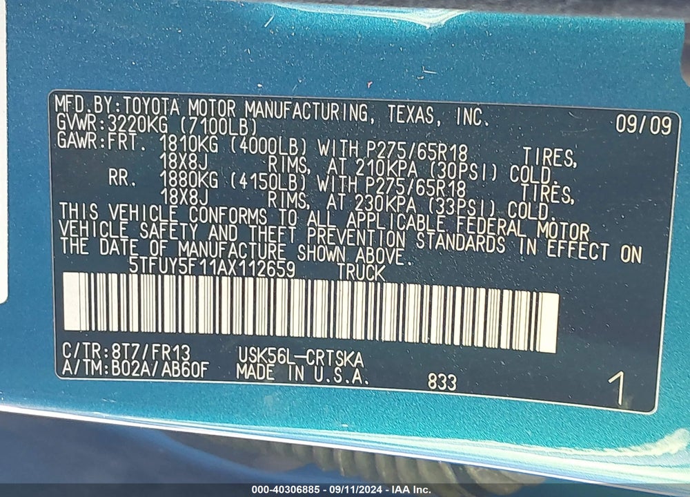 2010 TOYOTA TUNDRA GRADE 5.7L V8 VIN: 5TFUY5F11AX112659