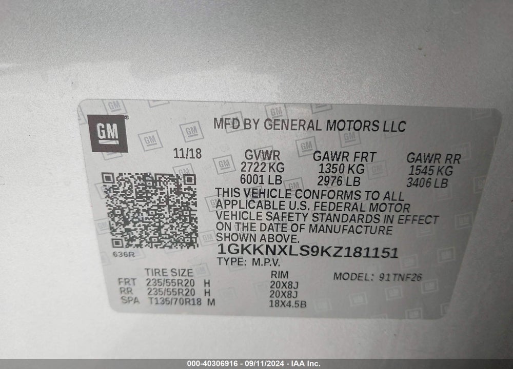 2019 GMC ACADIA DENALI VIN: 1GKKNXLS9KZ181151