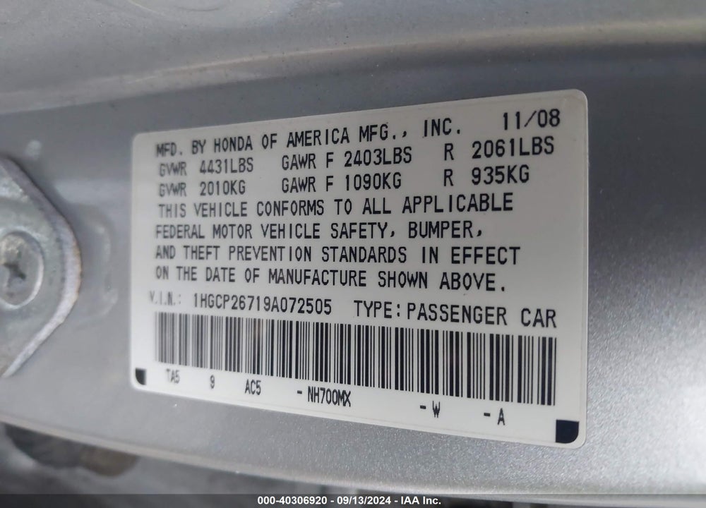 2009 HONDA ACCORD 2.4 EX VIN: 1HGCP26719A072505