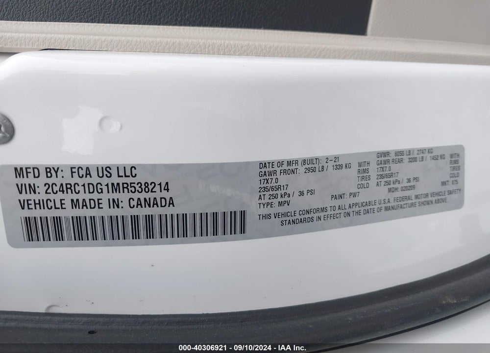2021 CHRYSLER VOYAGER VIN: 2C4RC1DG1MR538214