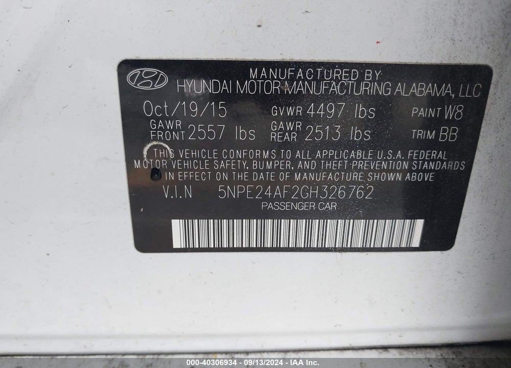 2016 HYUNDAI SONATA SE VIN: 5NPE24AF2GH326762