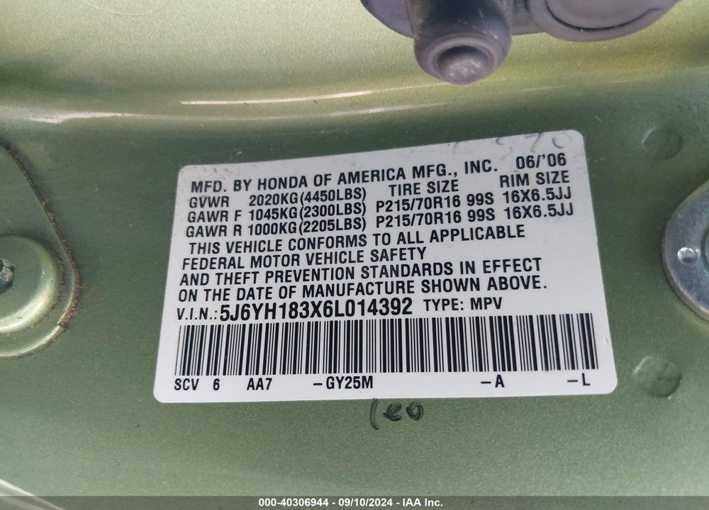 2006 HONDA ELEMENT LX VIN: 5J6YH183X6L014392