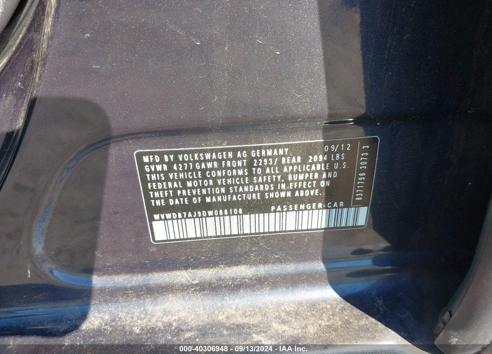2013 VOLKSWAGEN GOLF 2.5L 4-DOOR VIN: WVWDB7AJ9DW088108