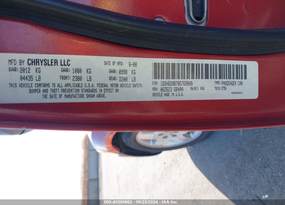 2008 DODGE CALIBER SE VIN: 1B3HB28B78D769809