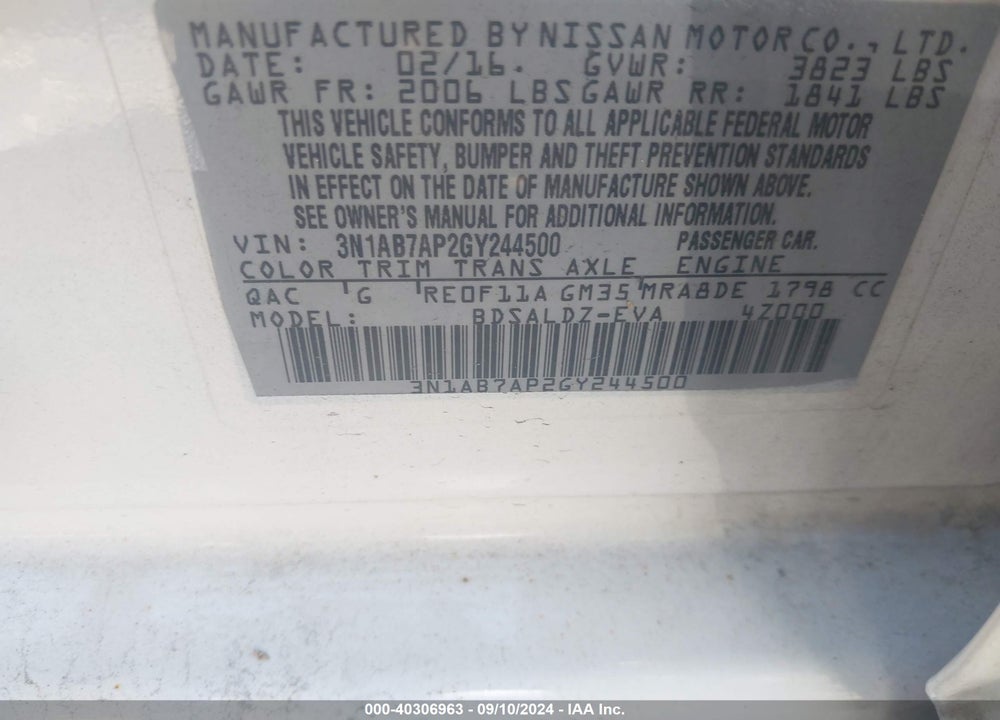 2016 NISSAN SENTRA SV VIN: 3N1AB7AP2GY244500