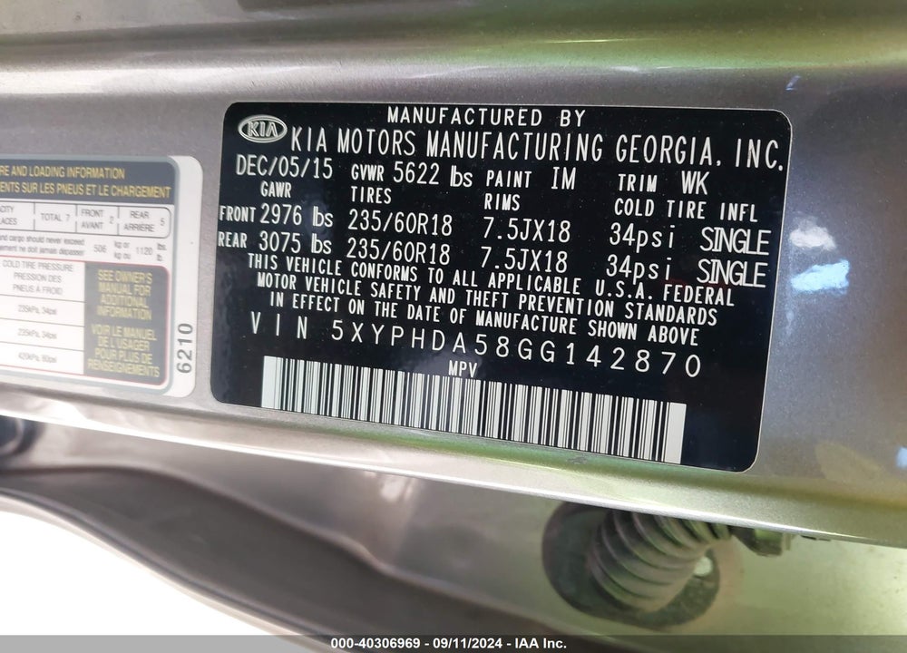 2016 KIA SORENTO 3.3L EX VIN: 5XYPHDA58GG142870
