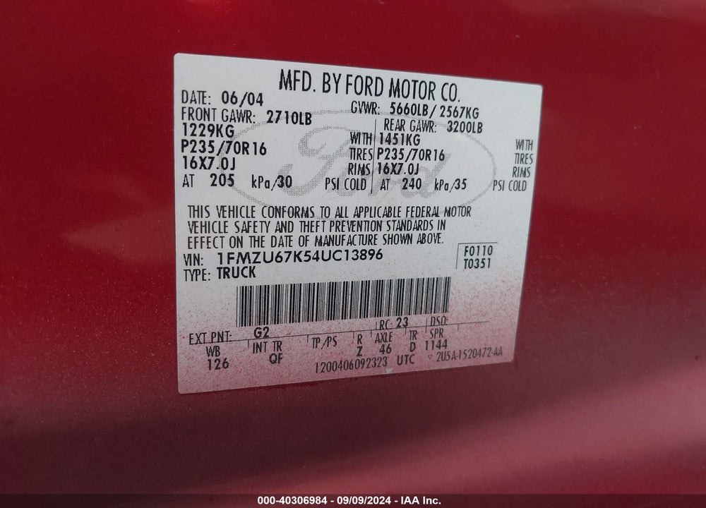 2004 FORD EXPLORER SPORT TRAC ADRENALIN/XLS/XLT VIN: 1FMZU67K54UC13896