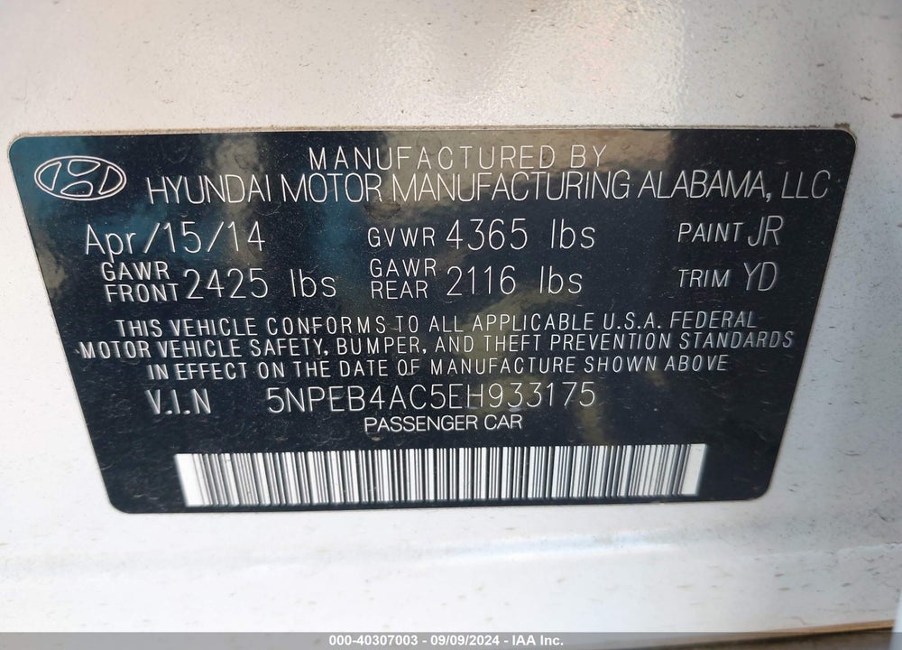 2014 HYUNDAI SONATA VIN: 5NPEB4AC5EH933175