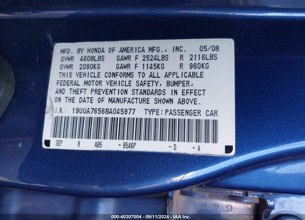 2008 ACURA TL TYPE S VIN: 19UUA76568A045977