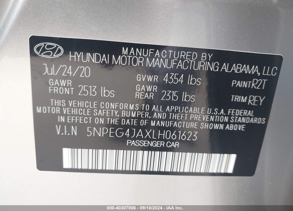 2020 HYUNDAI SONATA SE VIN: 5NPEG4JAXLH061623