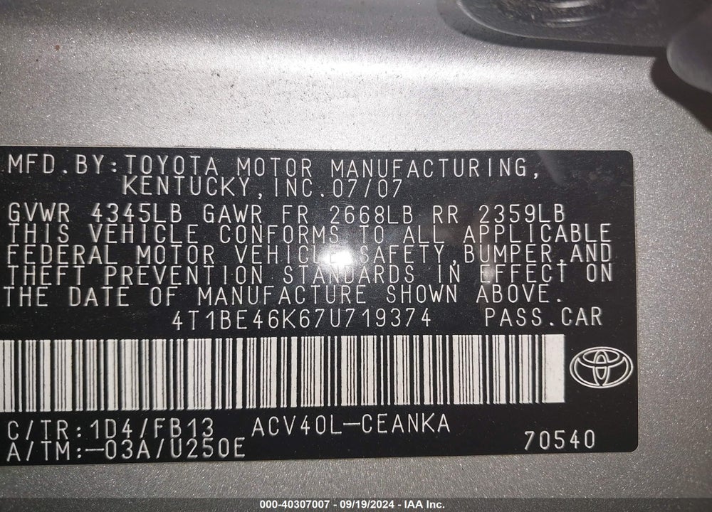 2007 TOYOTA CAMRY CE VIN: 4T1BE46K67U719374