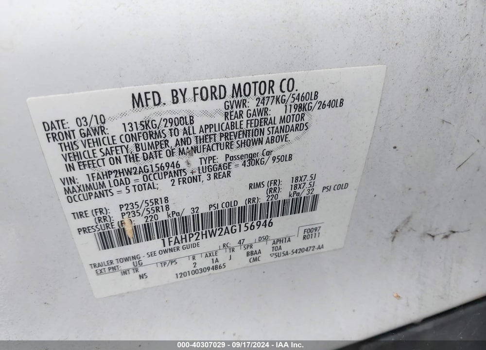 2010 FORD TAURUS SEL VIN: 1FAHP2HW2AG156946