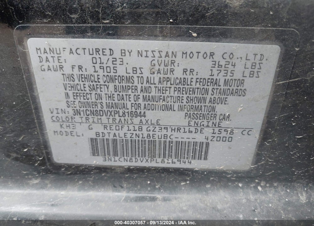 2023 NISSAN VERSA 1.6 S XTRONIC CVT VIN: 3N1CN8DVXPL816944