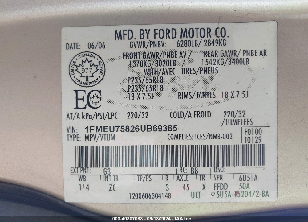 2006 FORD EXPLORER LIMITED VIN: 1FMEU75826UB69385