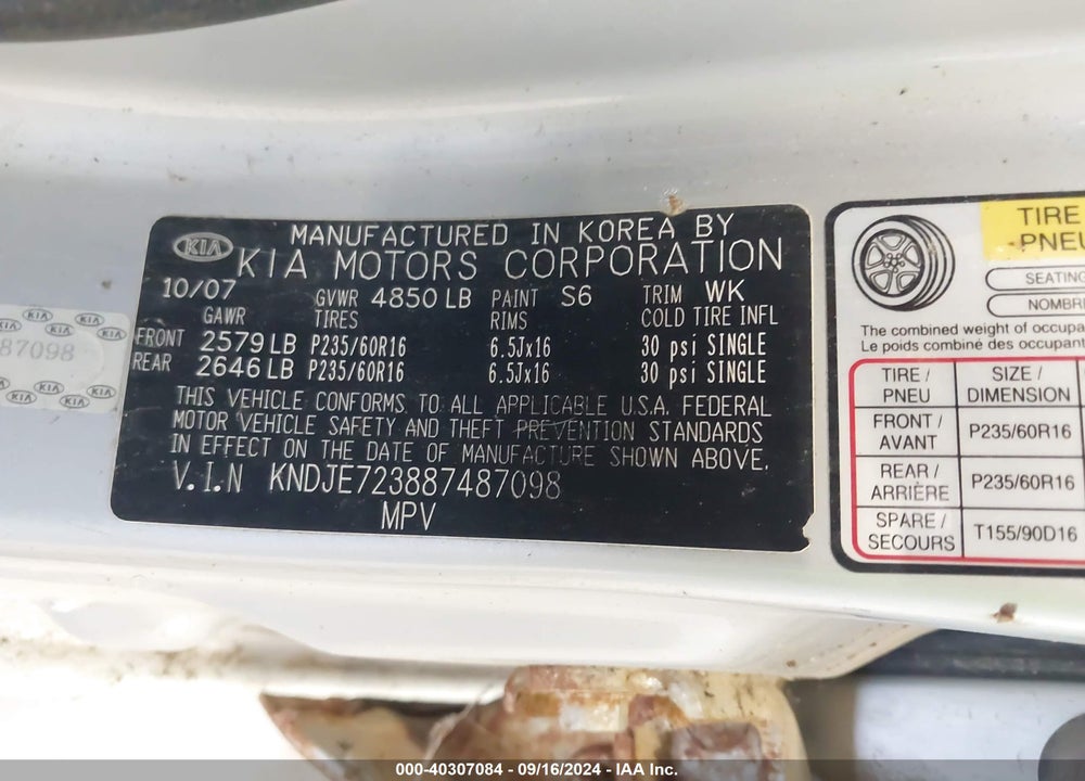 2008 KIA SPORTAGE LX V6 VIN: KNDJE723887487098