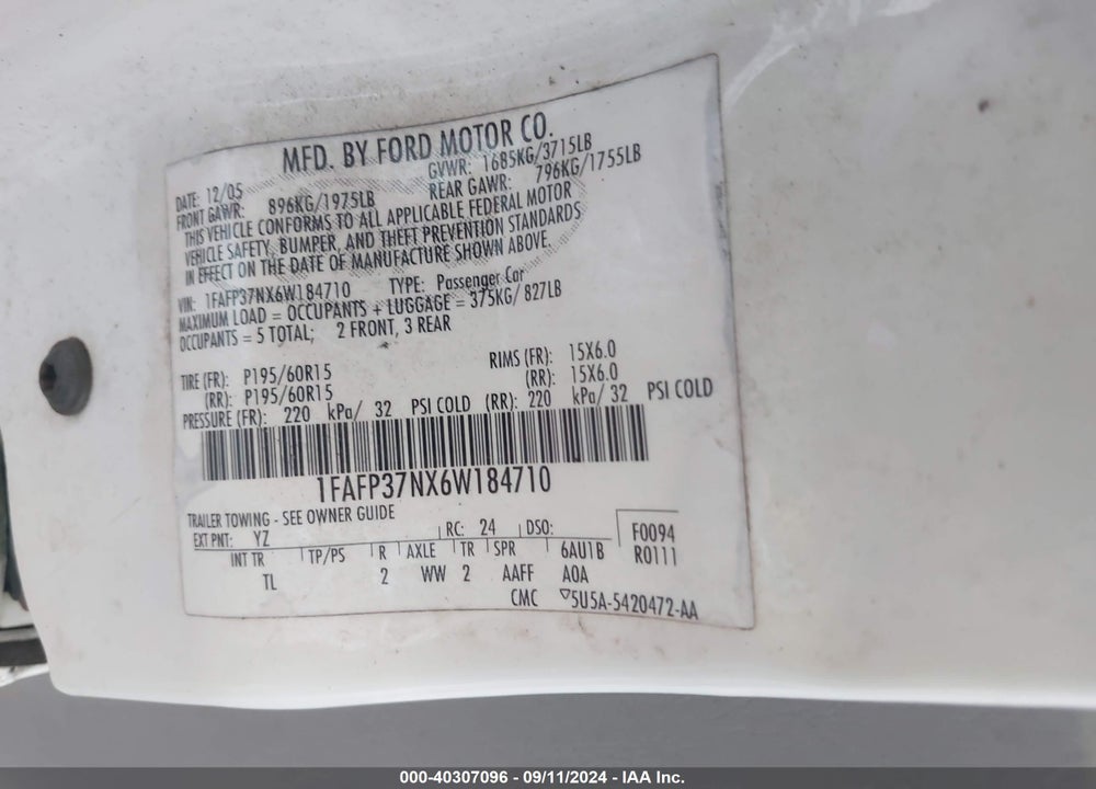 2006 FORD FOCUS ZX5 VIN: 1FAFP37NX6W184710