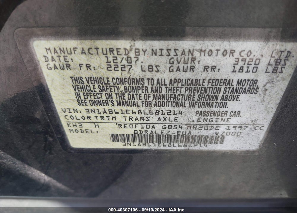 2008 NISSAN SENTRA 2.0S VIN: 3N1AB61E68L681214
