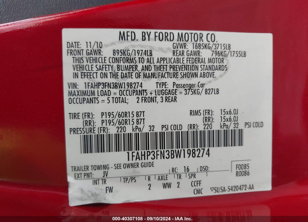 2011 FORD FOCUS VIN: 1FAHP3FN3BW198274