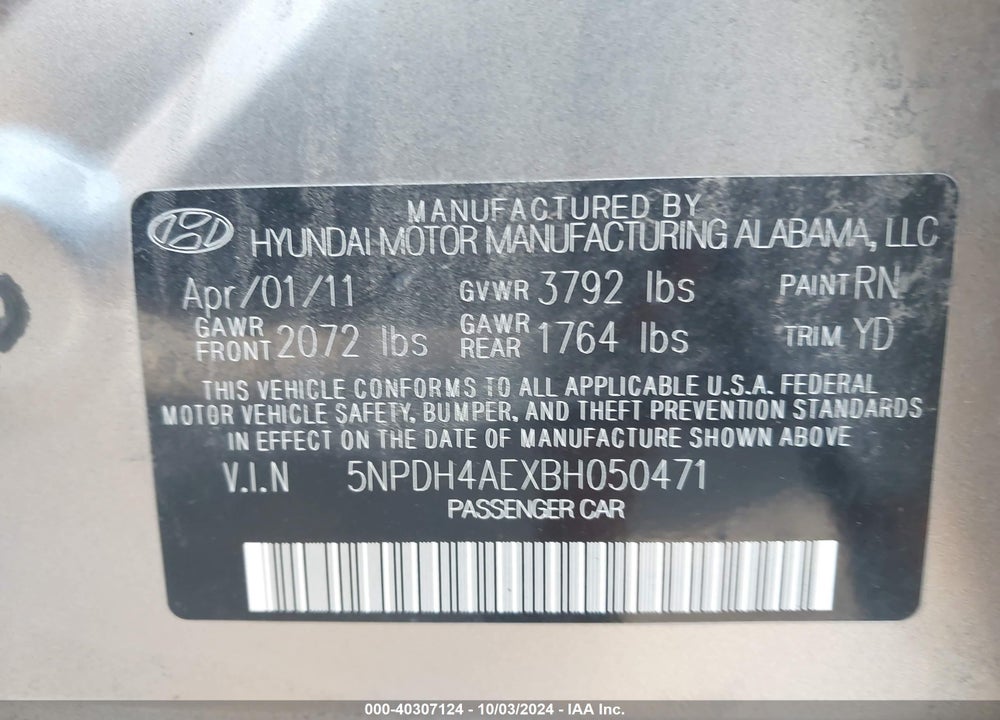 2011 HYUNDAI ELANTRA GLS VIN: 5NPDH4AEXBH050471