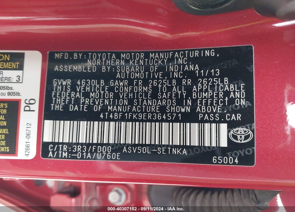 2014 TOYOTA CAMRY LE VIN: 4T4BF1FK9ER364571
