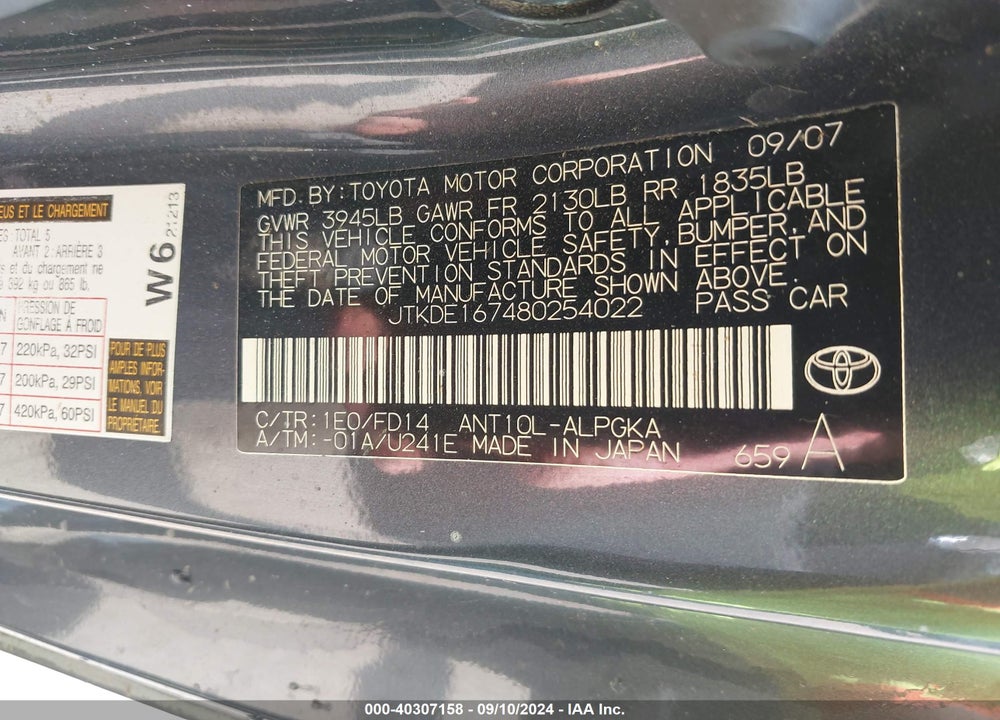 2008 SCION TC VIN: JTKDE167480254022