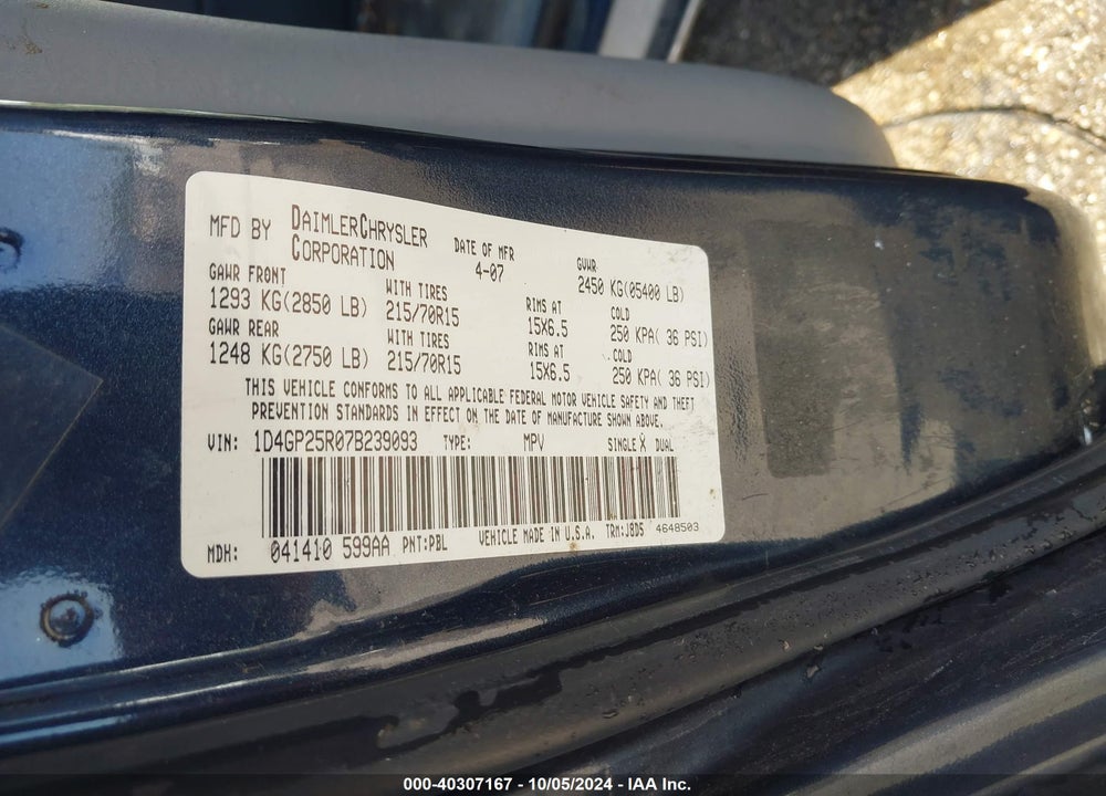 2007 DODGE CARAVAN SE VIN: 1D4GP25R07B239093