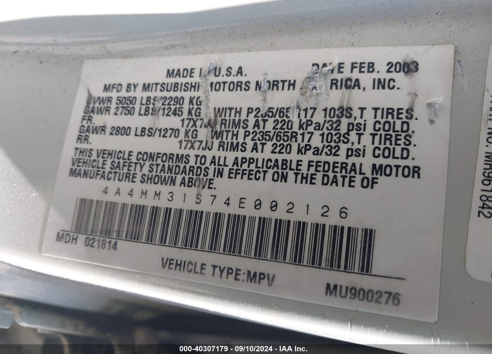 2004 MITSUBISHI ENDEAVOR XLS VIN: 4A4MM31S74E002126