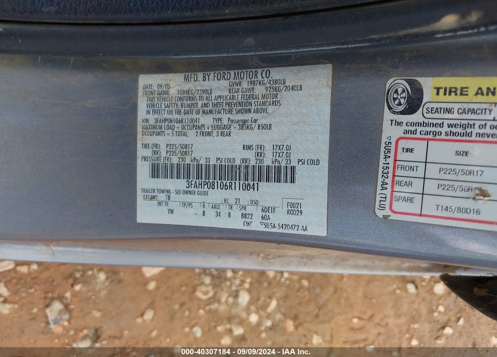 2006 FORD FUSION SEL VIN: 3FAHP08106R110041