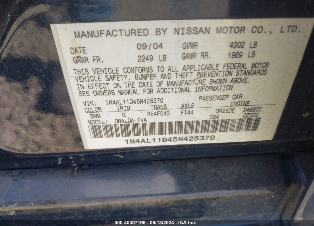 2005 NISSAN ALTIMA 2.5 S VIN: 1N4AL11D45N425370