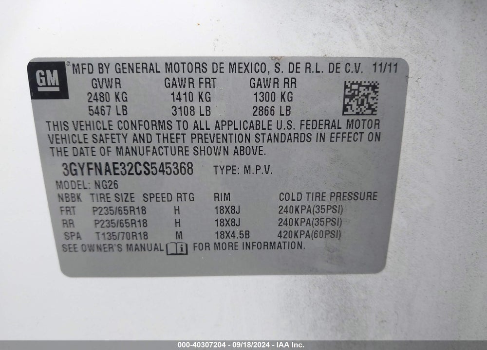 2012 CADILLAC SRX LUXURY COLLECTION VIN: 3GYFNAE32CS545368