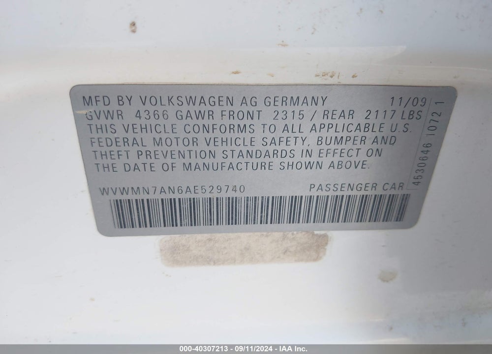 2010 VOLKSWAGEN CC SPORT VIN: WVWMN7AN6AE529740