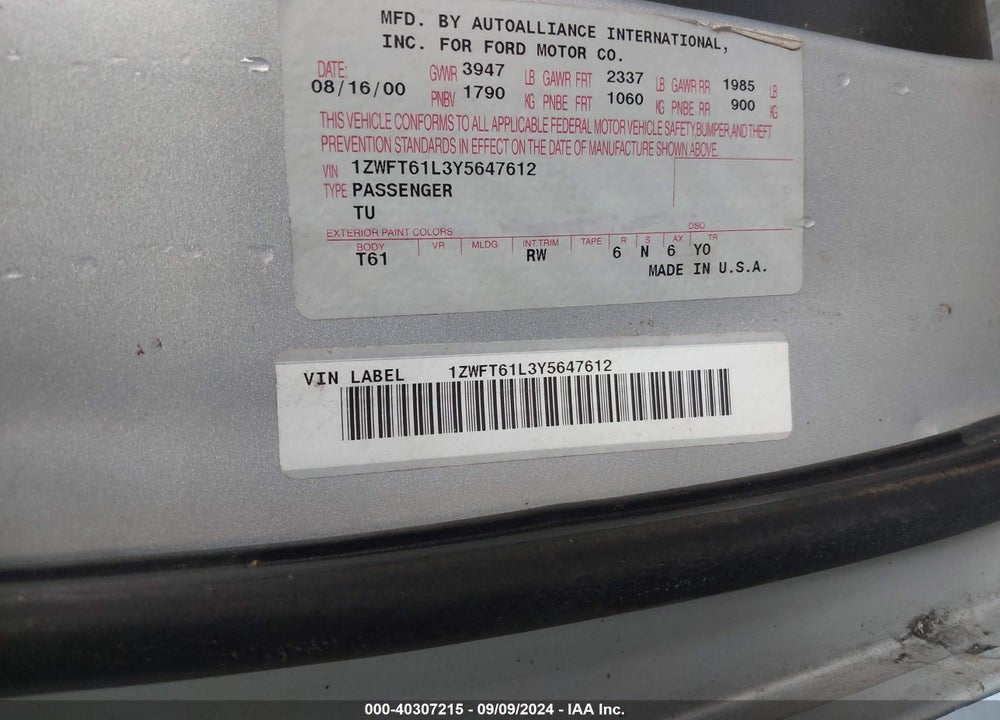 2000 MERCURY COUGAR V6 VIN: 1ZWFT61L3Y5647612