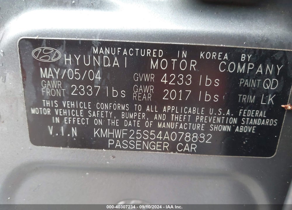 2004 HYUNDAI SONATA VIN: KMHWF25S54A078882