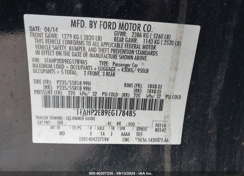 2014 FORD TAURUS SEL VIN: 1FAHP2E89EG178485