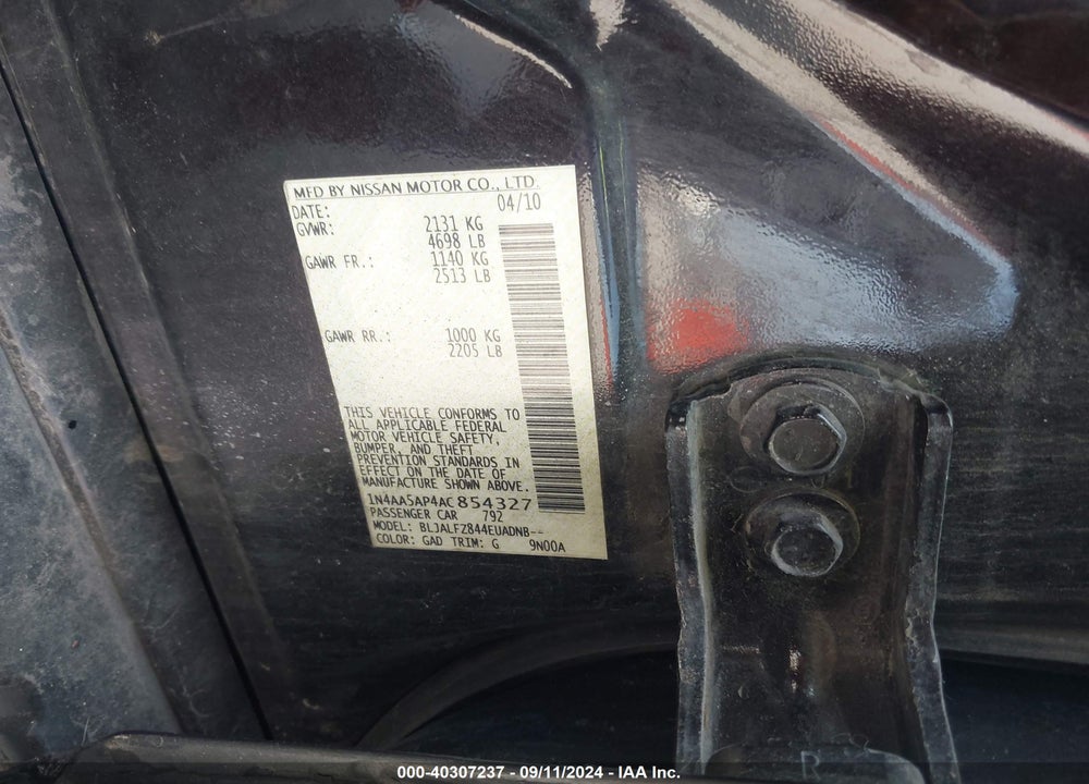 2010 NISSAN MAXIMA 3.5 SV VIN: 1N4AA5AP4AC854327