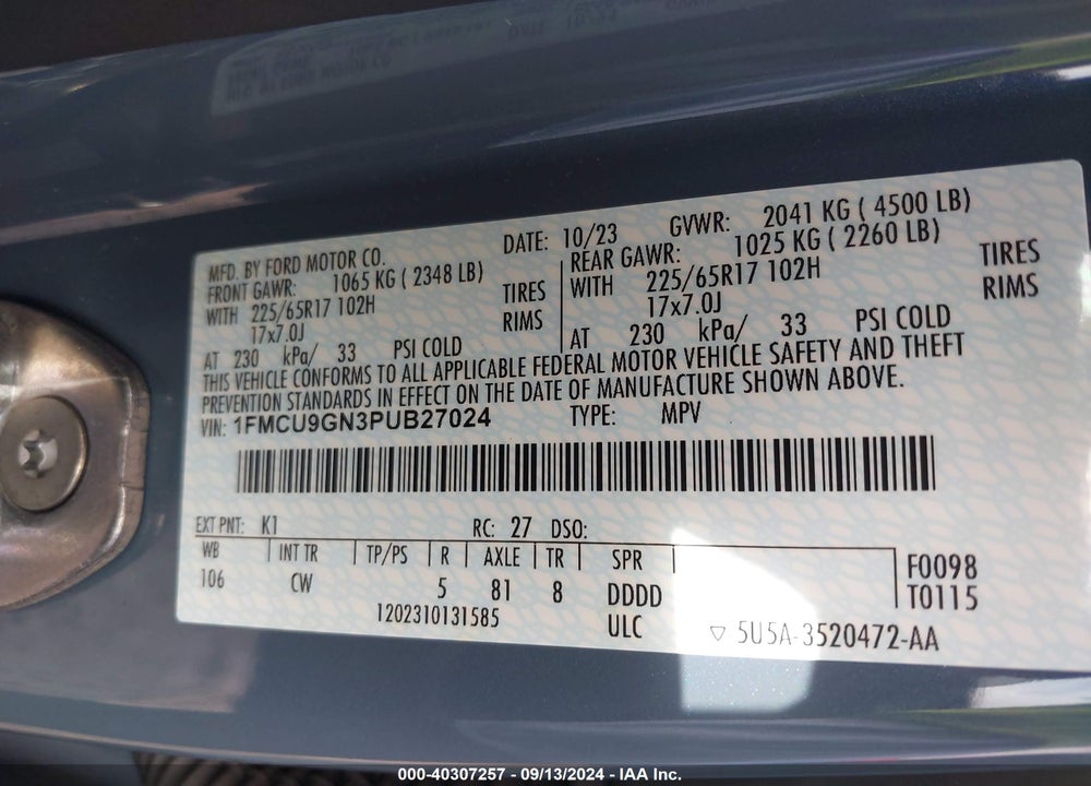 2023 FORD ESCAPE ACTIVE VIN: 1FMCU9GN3PUB27024