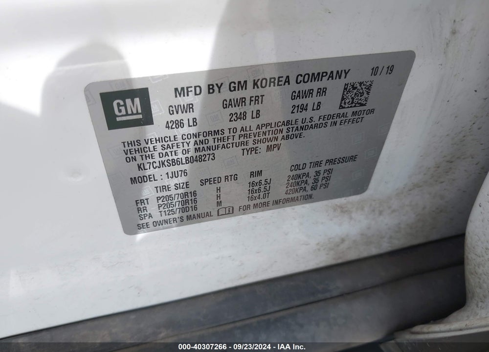 2020 CHEVROLET TRAX FWD LS VIN: KL7CJKSB6LB048273