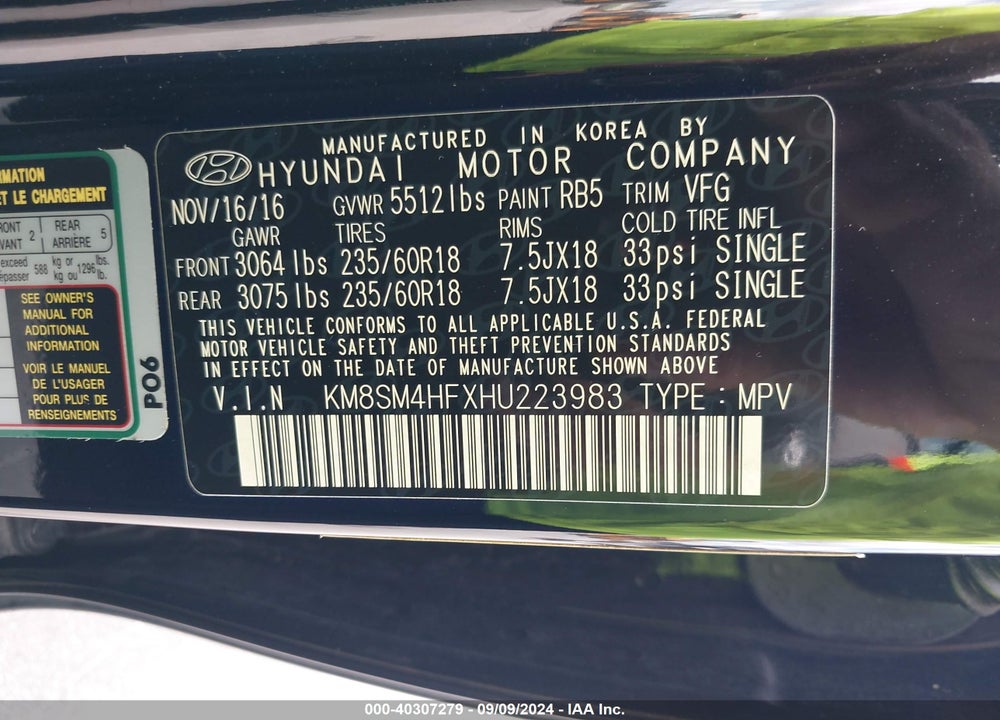 2017 HYUNDAI SANTA FE VIN: KM8SM4HFXHU223983