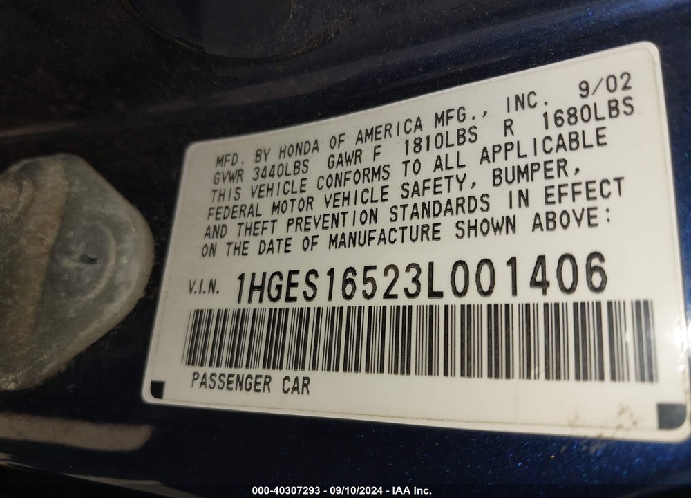 2003 HONDA CIVIC LX VIN: 1HGES16523L001406