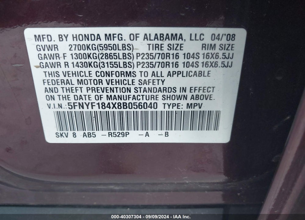2008 HONDA PILOT EX VIN: 5FNYF184X8B056040