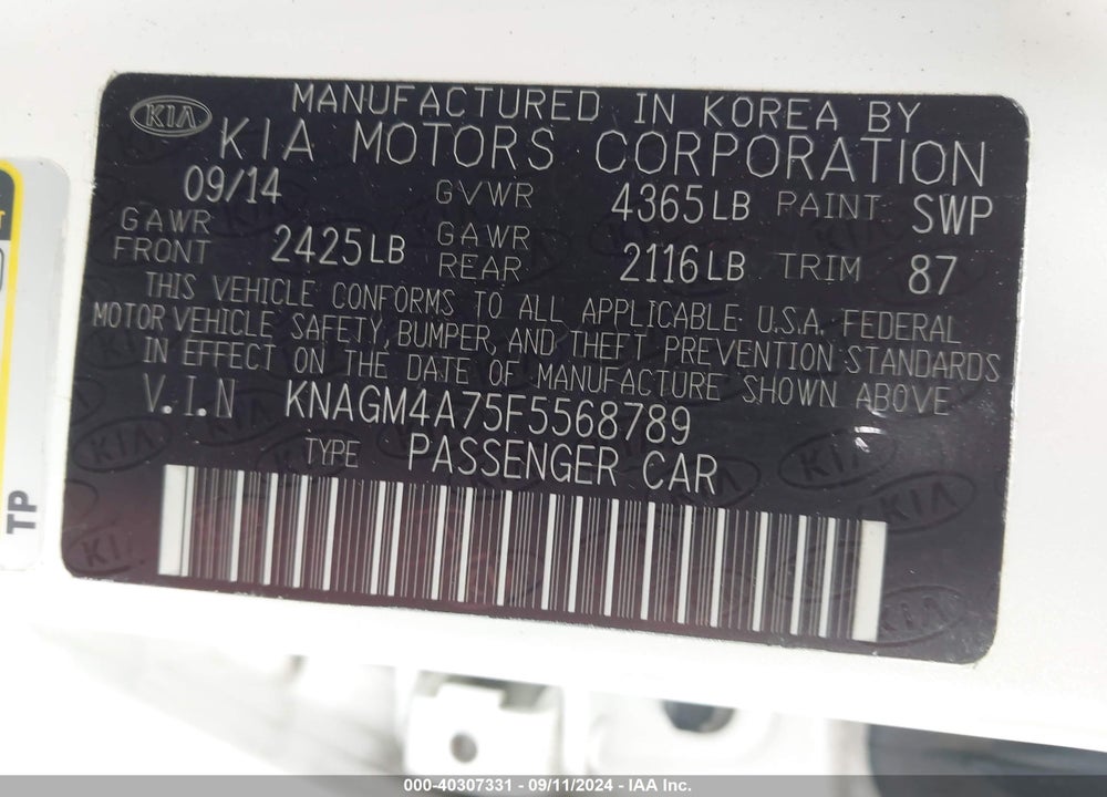 2015 KIA OPTIMA LX VIN: KNAGM4A75F5568789