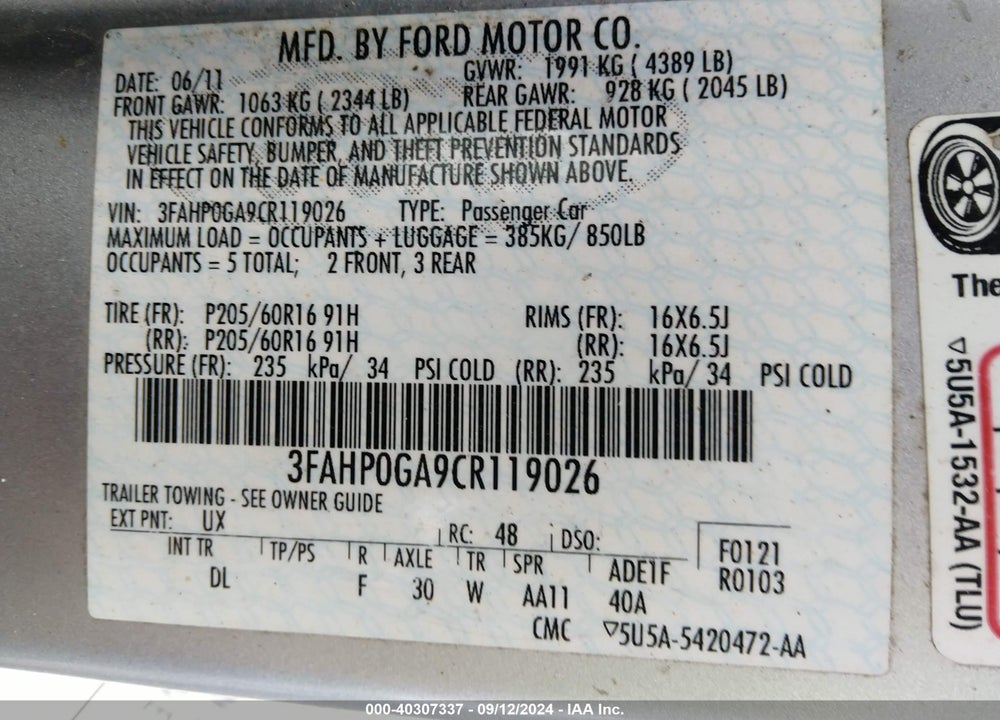2012 FORD FUSION S VIN: 3FAHP0GA9CR119026